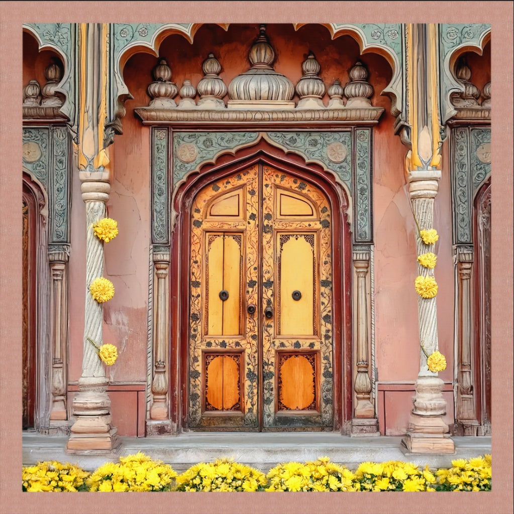 Golden Threshold – Marigold Adorned Heritage Door