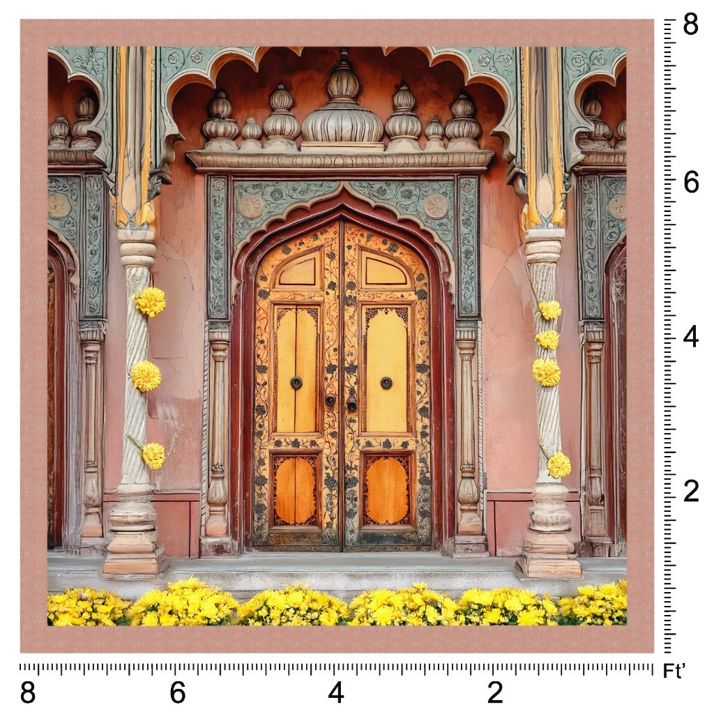 Golden Threshold – Marigold Adorned Heritage Door
