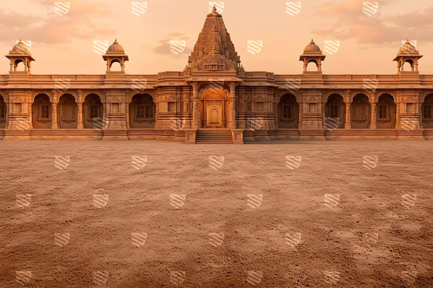 Golden Sunset Temple Courtyard Backdrop