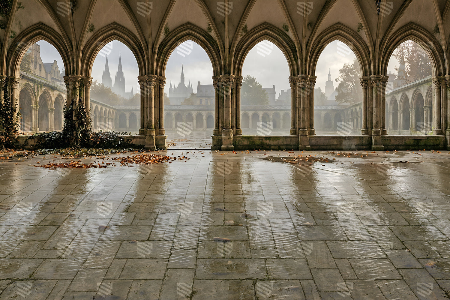Misty Gothic Cloister Courtyard Backdrop