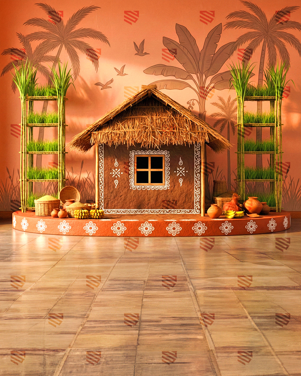 Traditional Village Hut Scene