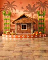 Traditional Village Hut Scene Backdrop