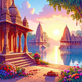 Divine Sunrise by the Temple Backdrop