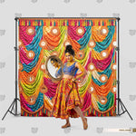 Colourful draped Haldi stage photography background