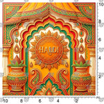 Gold-inspired Haldi backdrop for bride and groom portraits
