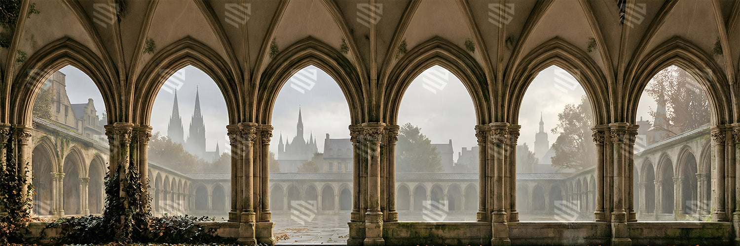 Misty Gothic Cloister Courtyard Backdrop