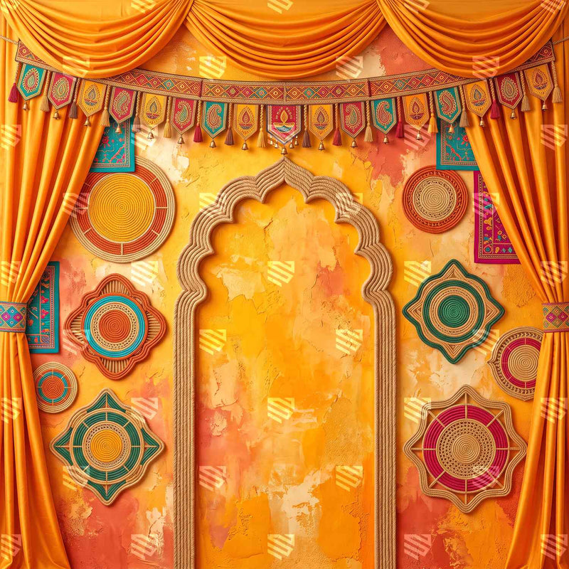 Orange Festive Haldi Stage Decoration Backdrop