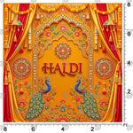 Peacock blue wedding Haldi stage backdrop
