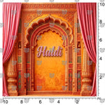 Palace-inspired Haldi backdrop for bride and groom portraits