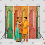 Multicolor Haldi ceremony stage photography background