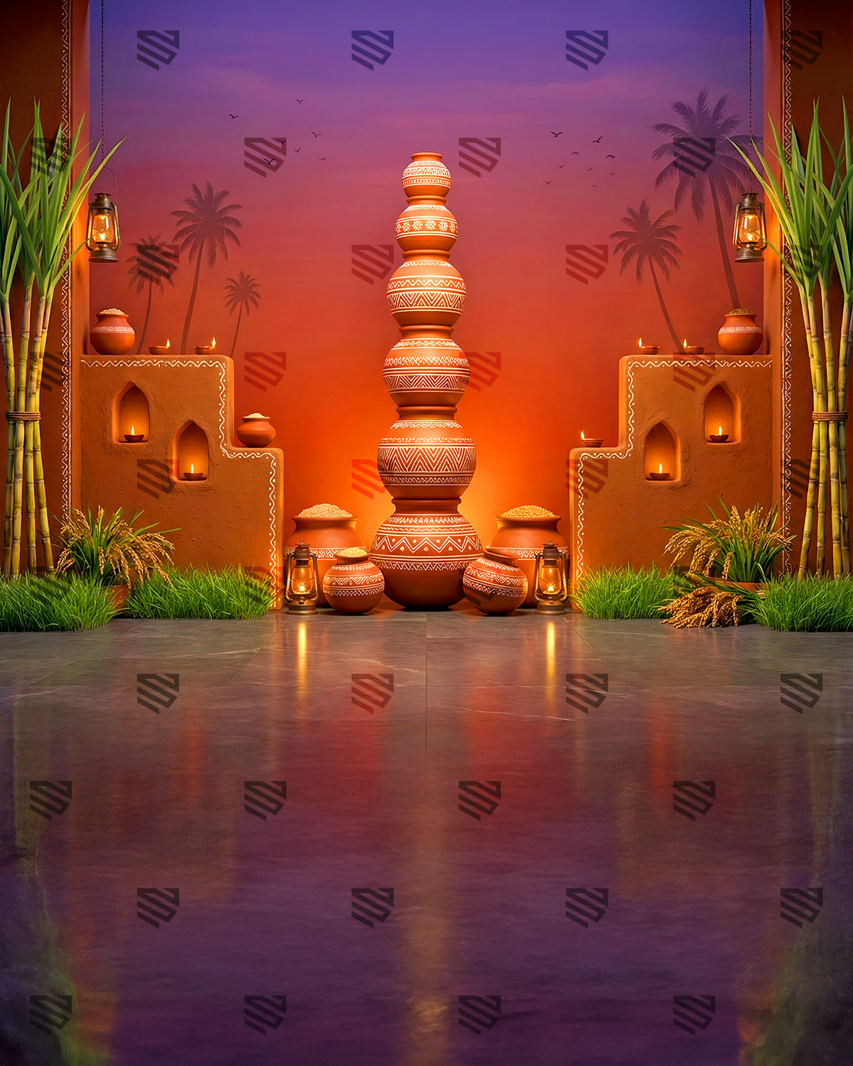 Rustic Pottery Village Scene