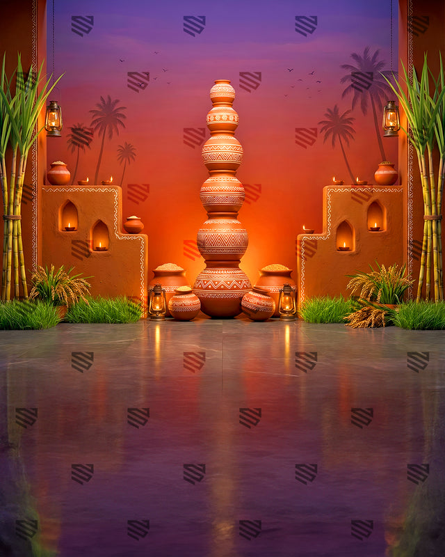 Rustic Pottery Village Scene - Podcast Backdrop